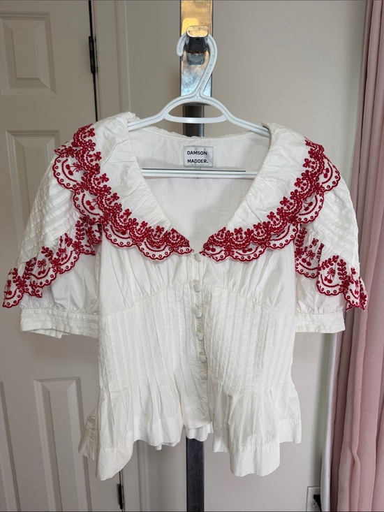 Damson Madder Tops - ADORABLE! Damson Madder White Cotton Blouse with Red Embroidered Collar